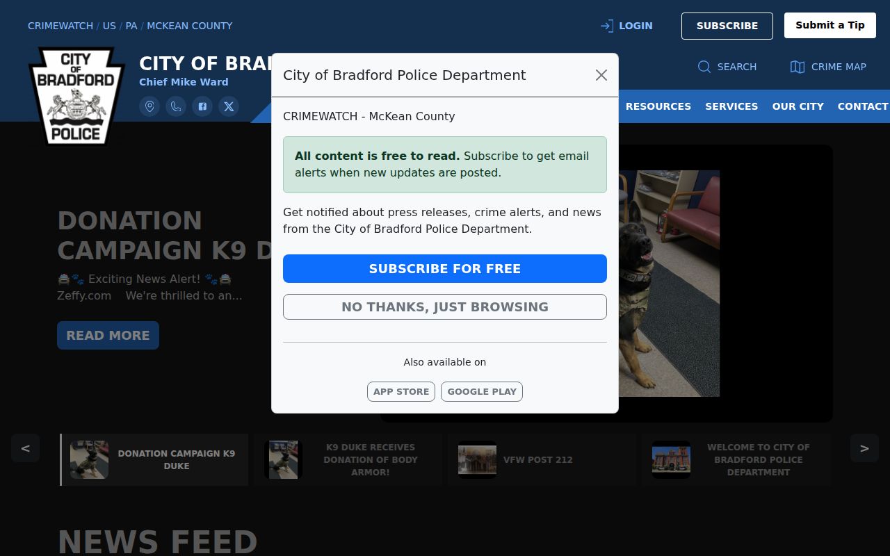 McKean County Bradford Police official arrest-record source interface