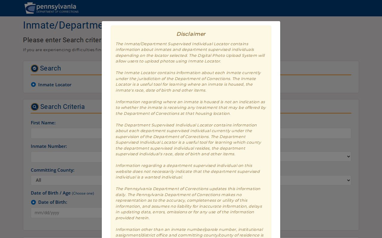 Pennsylvania Department of Corrections inmate locator interface